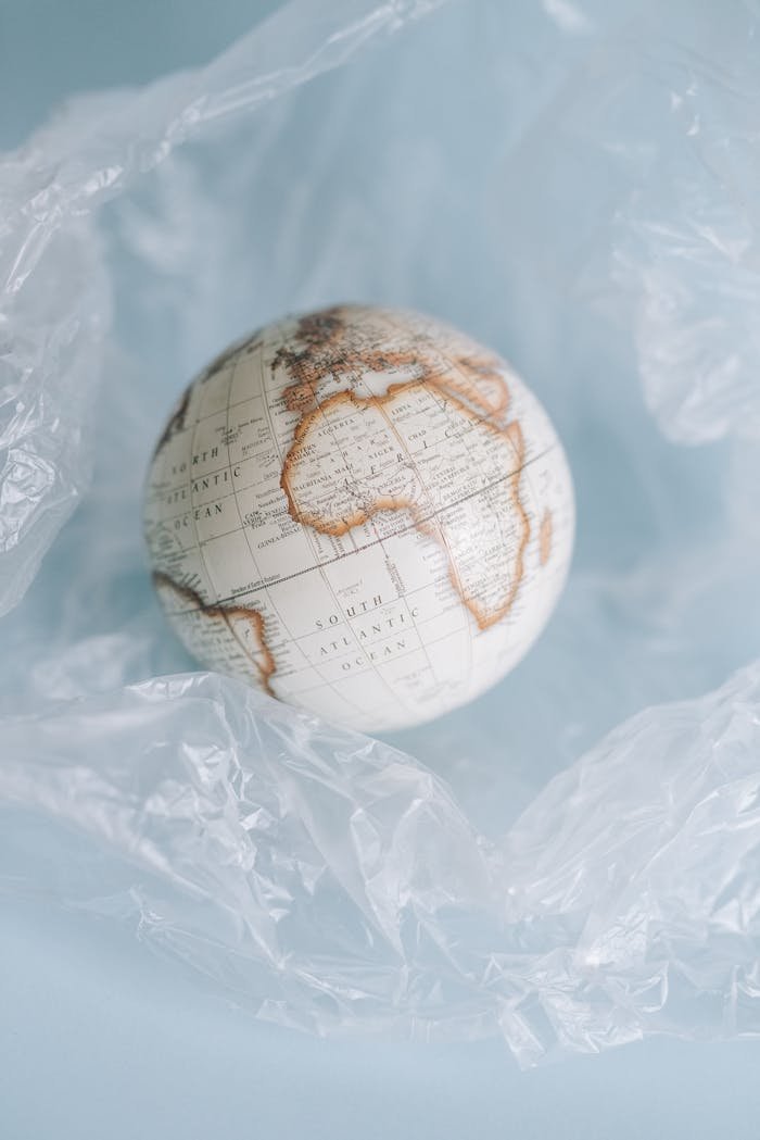 services-01 A globe encased in plastic, symbolizing environmental concerns and pollution.